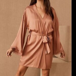 BHLDN Matine Silky Lace-Trimmed Mini Robe kimono lounge trim pink Anthropologie